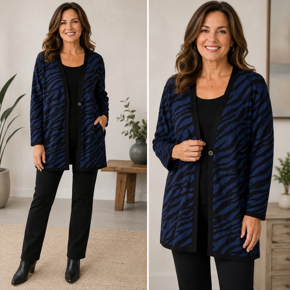 Chico's Cardigan Blue Black Zebra Print Single Button Longline Mob Wife 3 XL